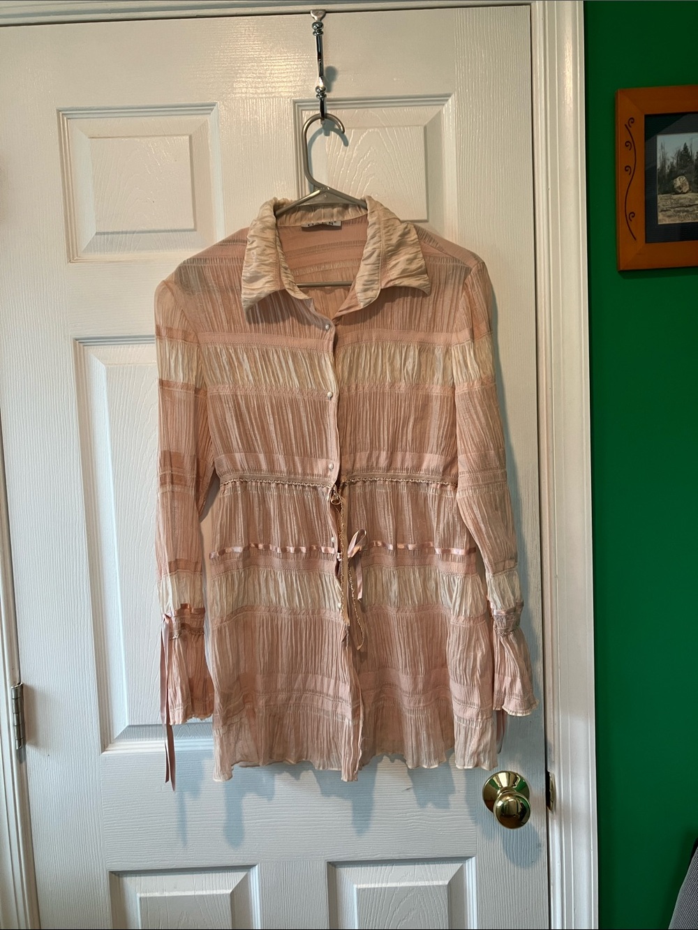 Women's Lightweight Pink Cream Button-Front shirt 12 boho fairycore whimsy